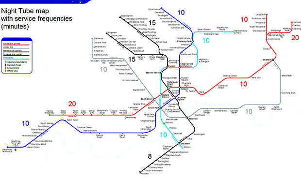 Map showing the current and future night tube network. Image: TransportJone (Creative Commons)